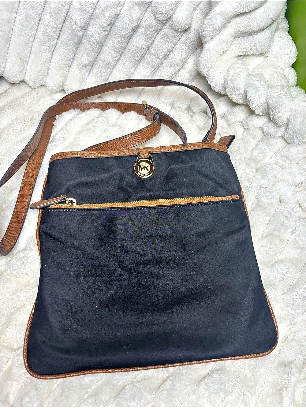 Michael Kors Black Nylon Saffiano Trim Crossbody Bag with Lock Charm